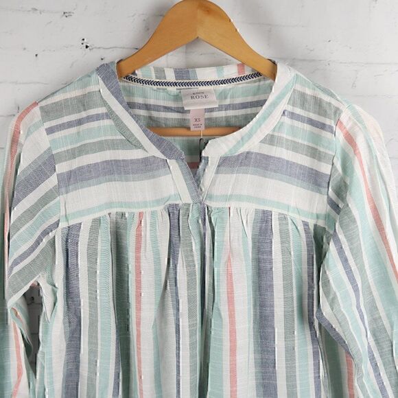 KNOX ROSE MULTI COLOR STRIP V NECK LONG SLEEVE BOHO SMOCK TOP SIZE XS NWT - Picture 6 of 11
